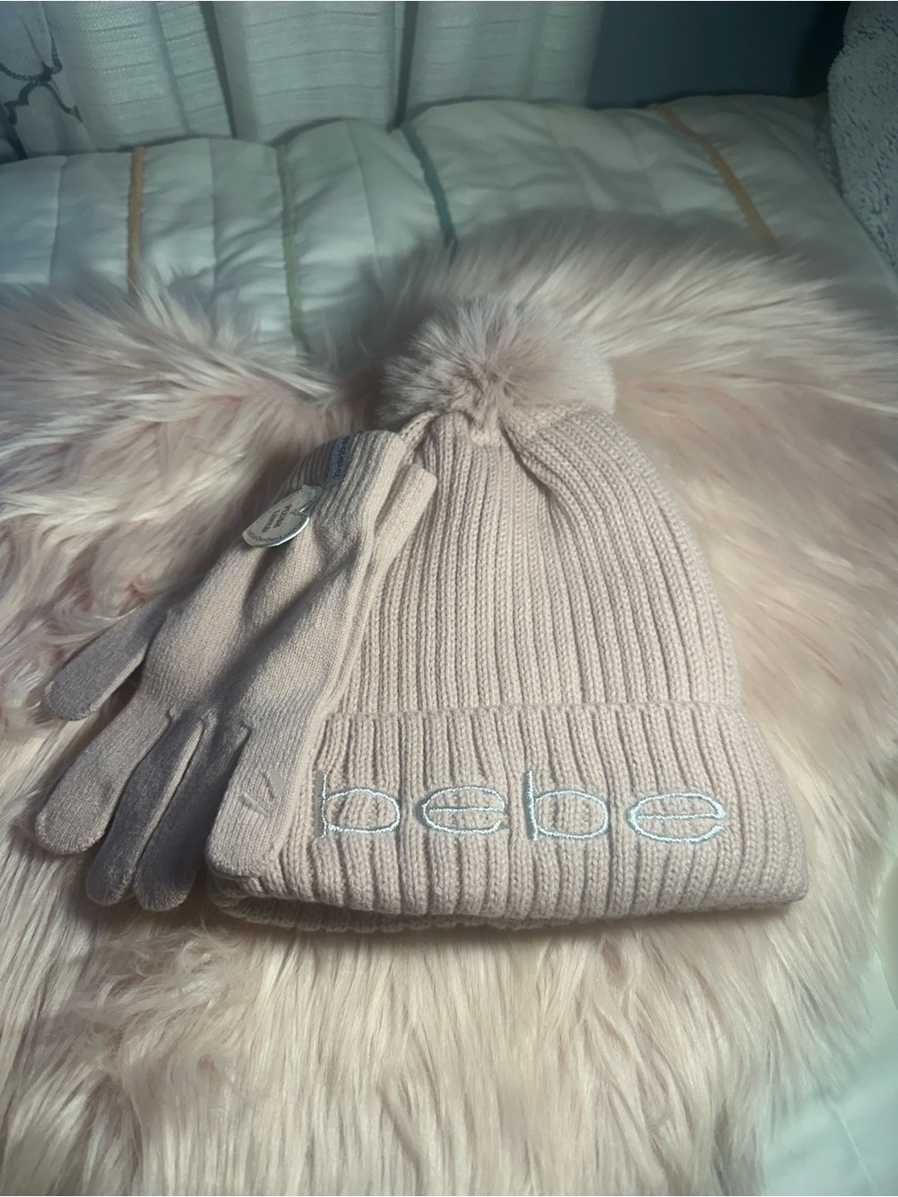 bebe Pale Pink Knit Pom Beanie with Matching Gloves